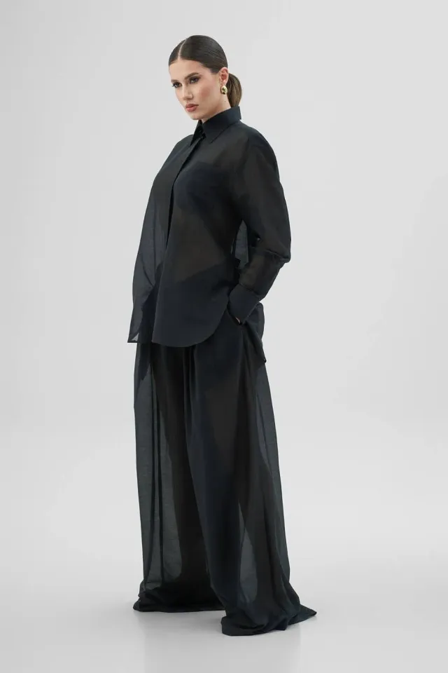 ELEA set cămașă pantaloni negru bumbac mătase S M