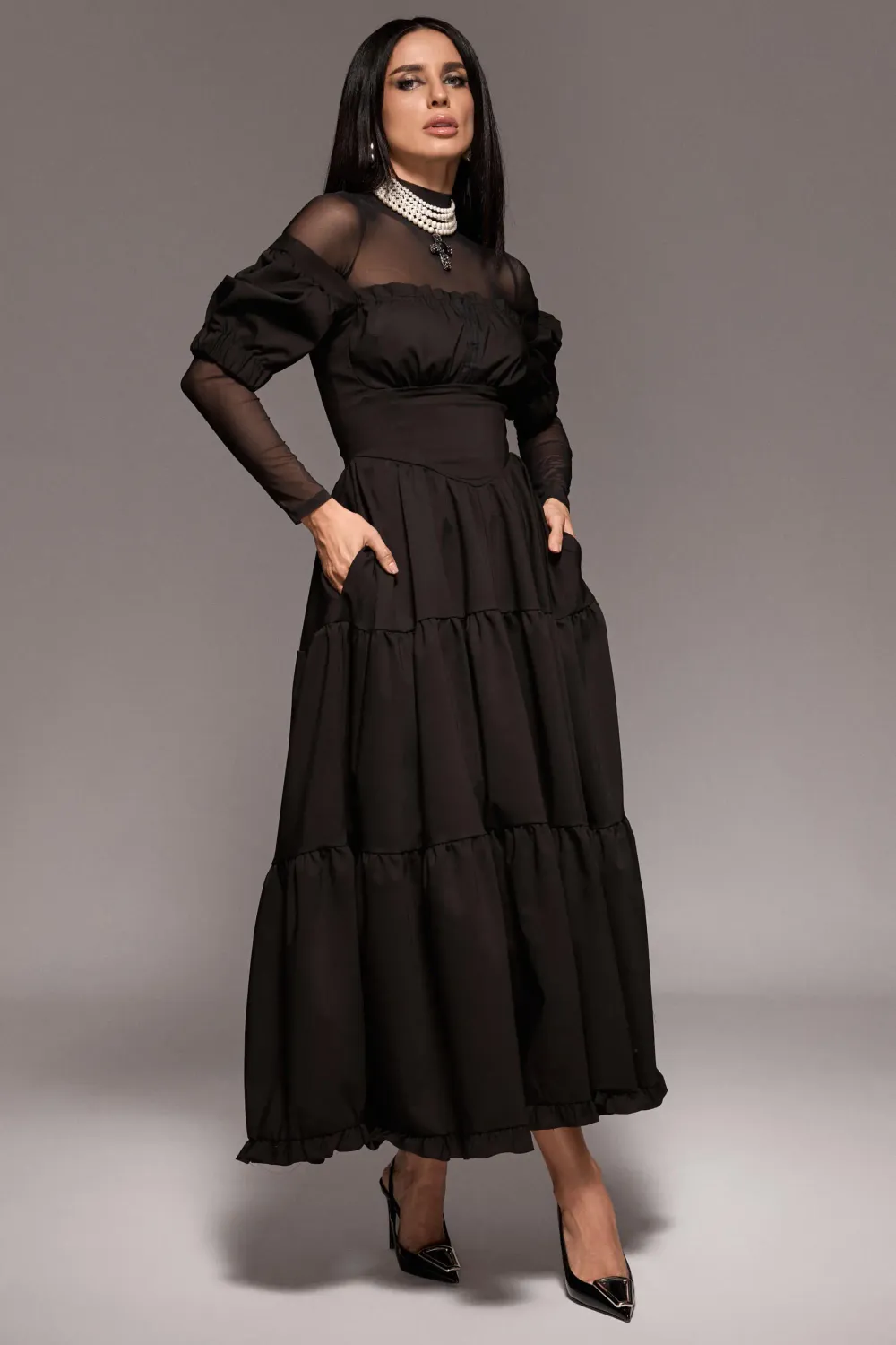 Grama Shop Milkmaid rochie lungă neagră bumbac
