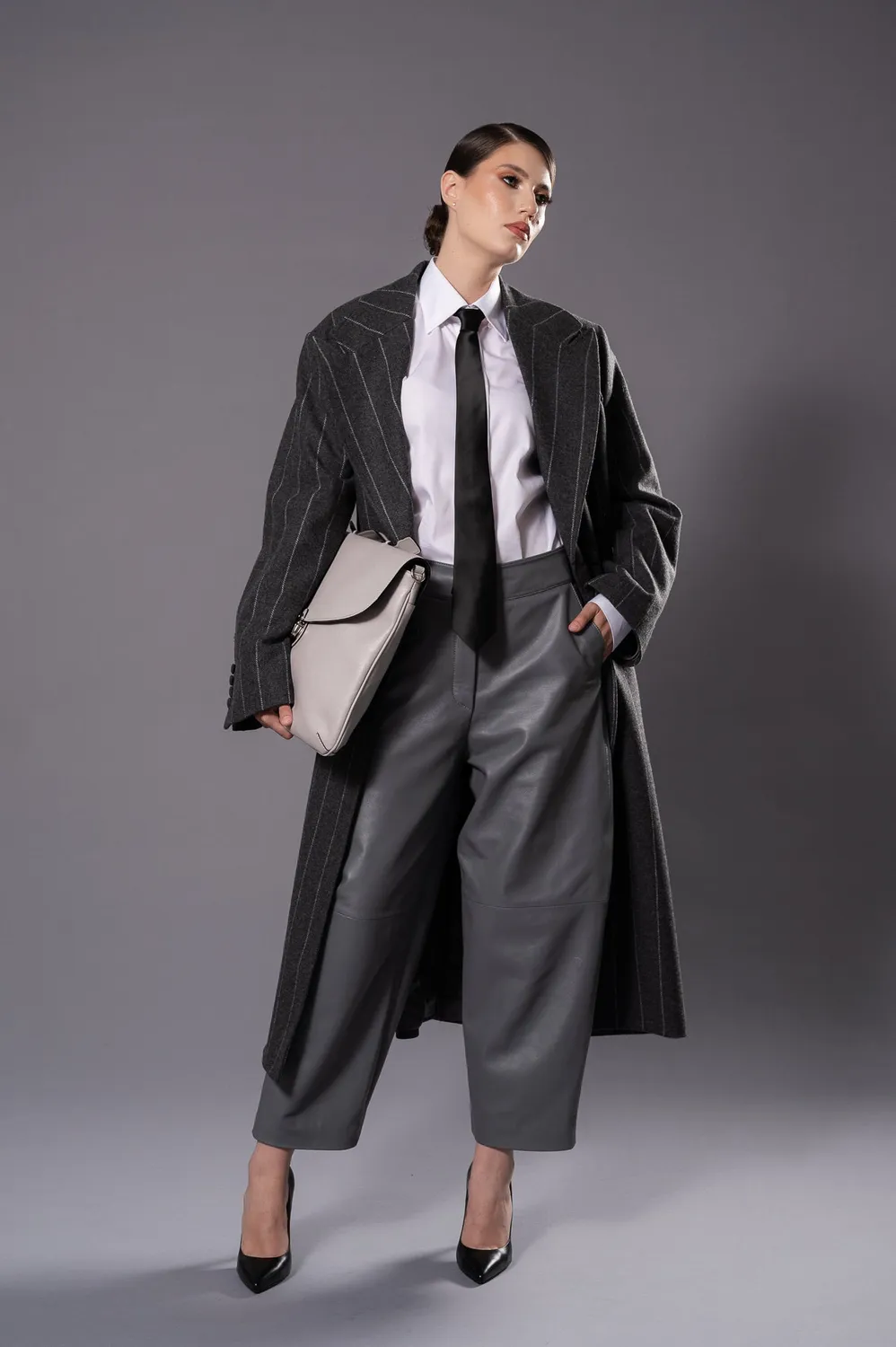 Dualitae Elise pantaloni piele gri din piele oaie