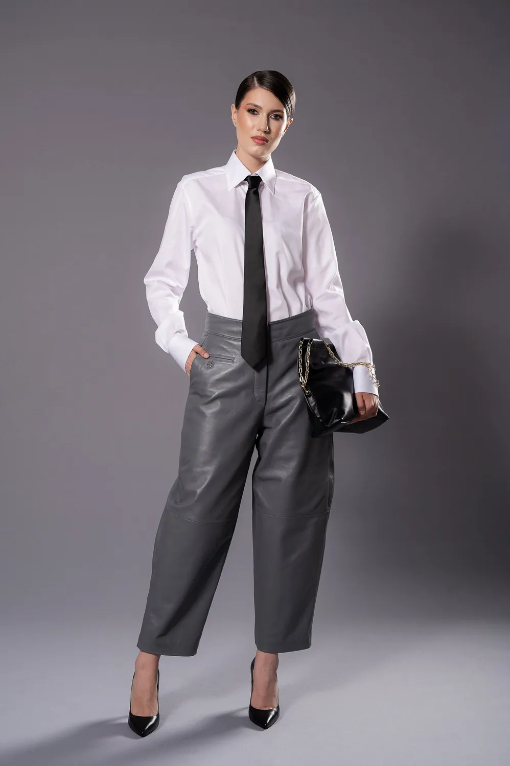 Dualitae Elise pantaloni piele gri din piele oaie