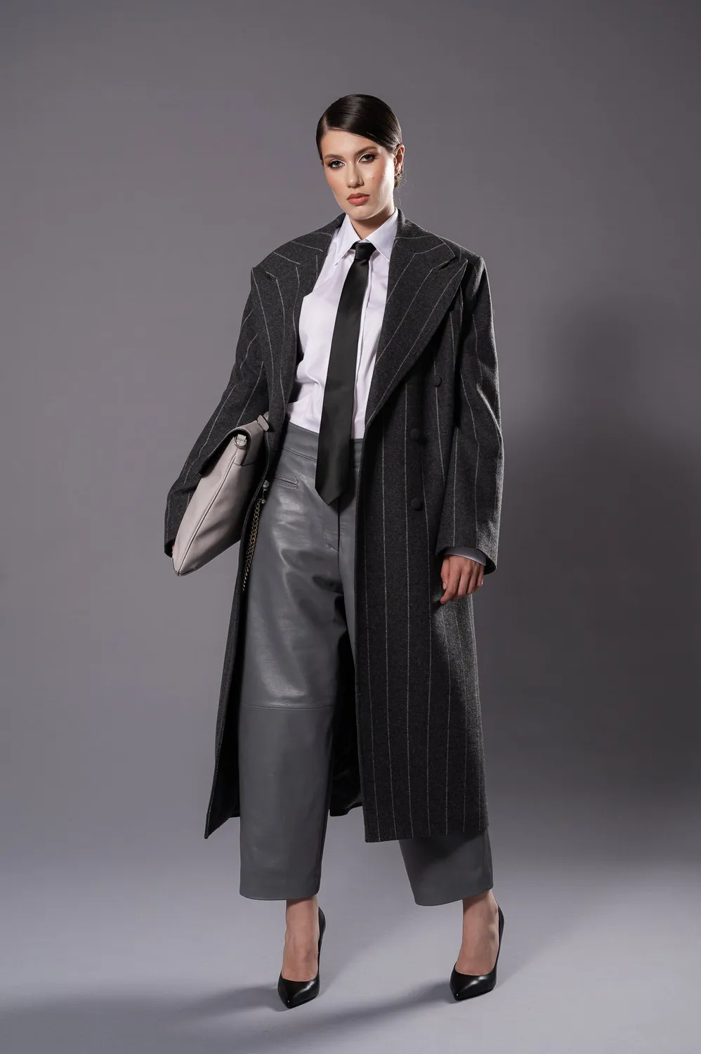 Dualitae MAGDA palton oversized gri cu dungi lana virgina